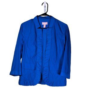 Chico's Women's Jacket Blue Open Front Ruffle Pockets 3/4 Sleeve Size 0 US S/4
